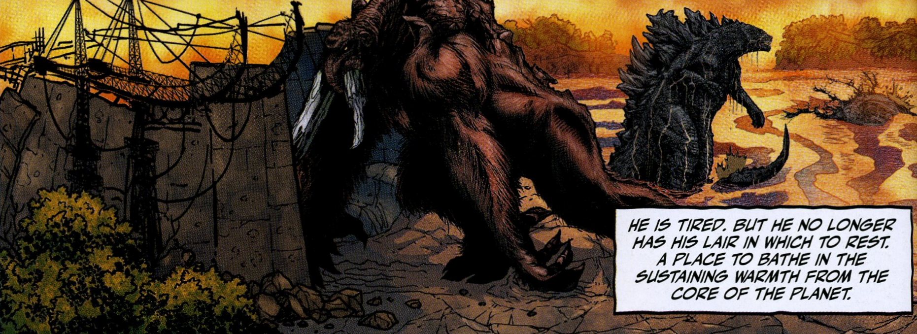 Titanus Behemoth thong thả bước vào rừng rậm nguyên sinh sau khi được Godzilla cứu viện