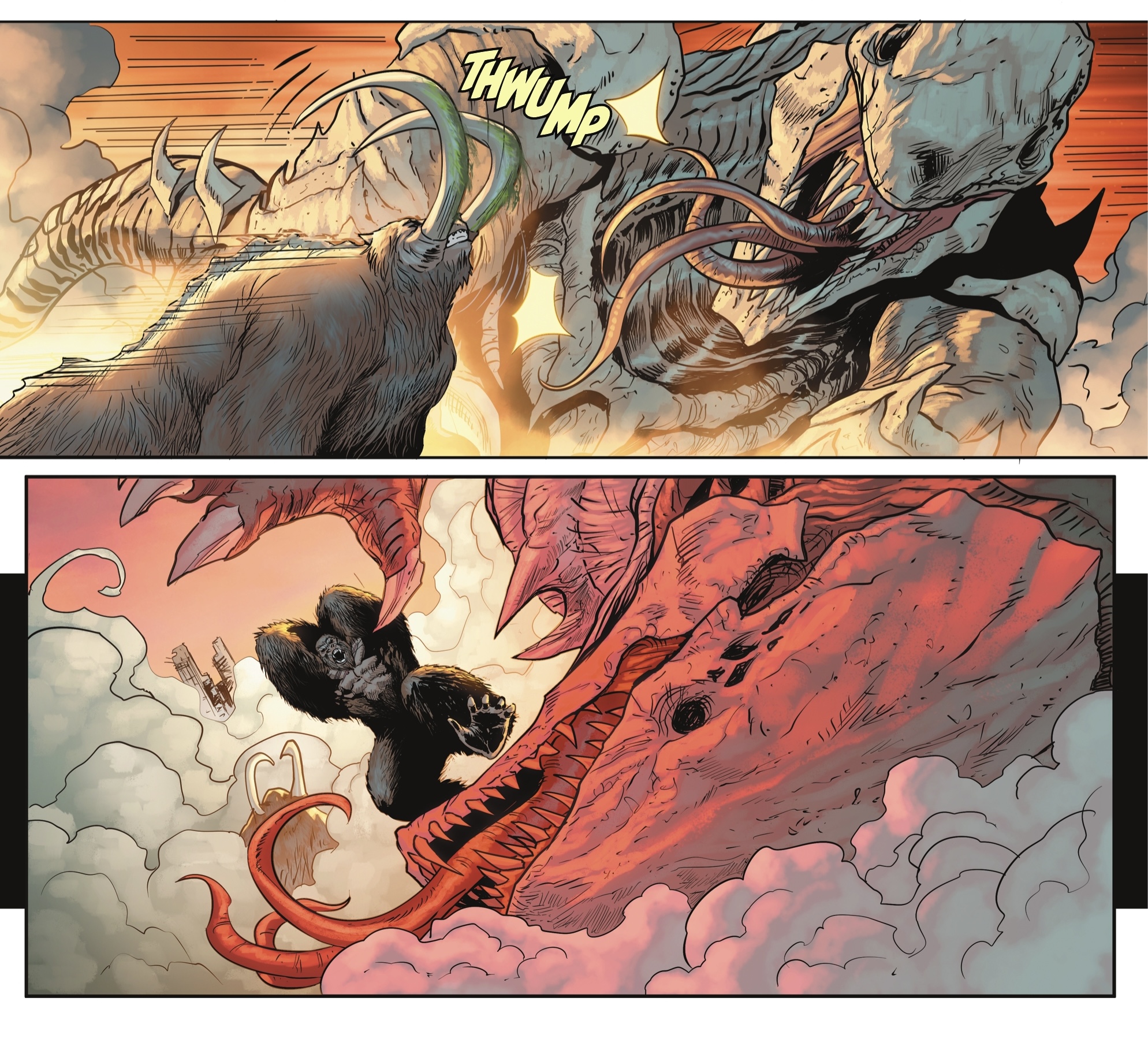 Titanus Behemoth húc ngã quái vật Skullspawn trong Justice League vs. Godzilla vs. Kong