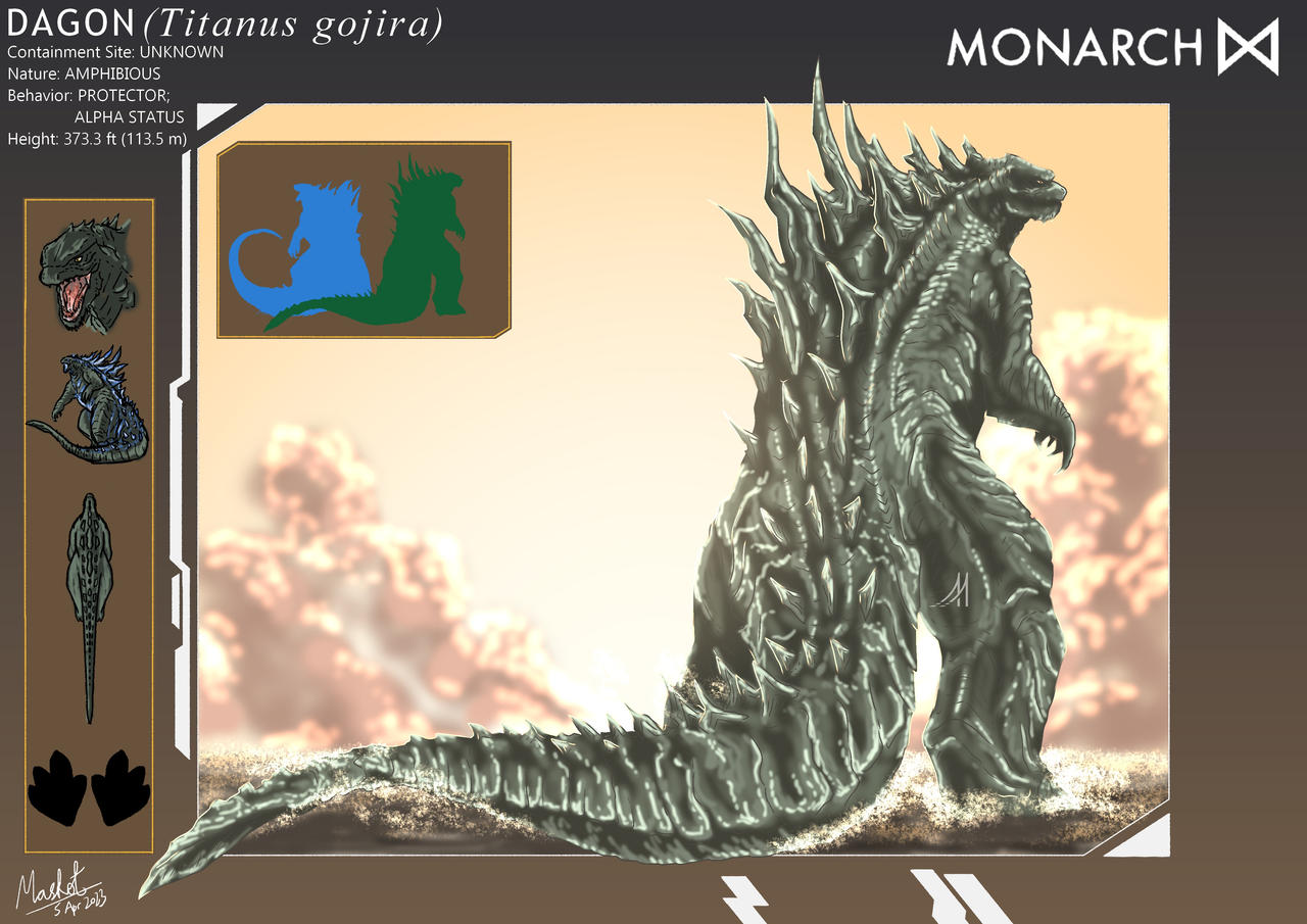 Tác phẩm nghệ thuật phục dựng Dagon khi còn sống với vóc dáng Alpha Titan cổ xưa dũng mãnh, vảy đen xám và các gai lưng nhọn hoắt.