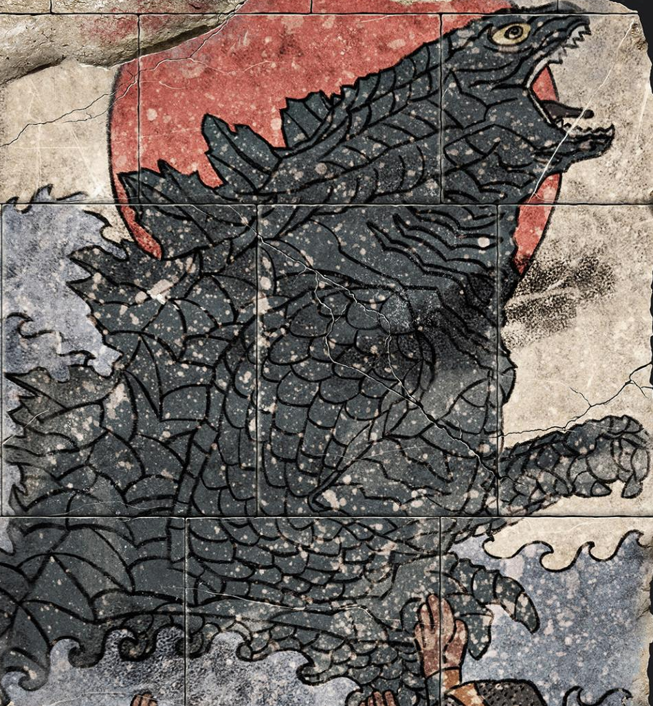 Phiến đá cổ Phoenicia khắc họa vị thần Dagon hình dạng Titanus Gojira