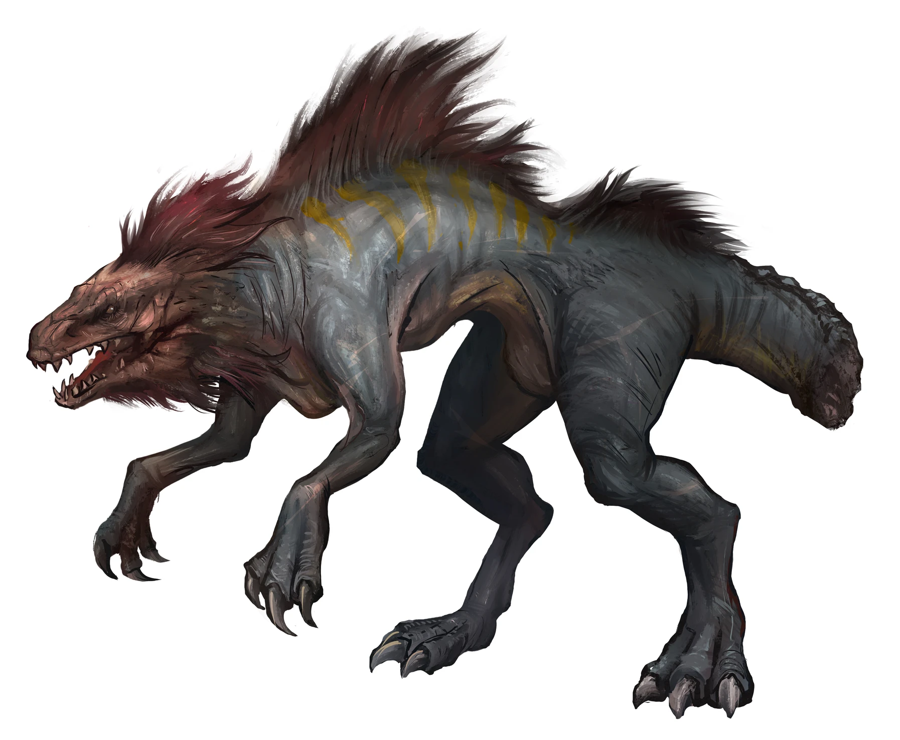 Bản vẽ concept art giải phẫu xương sườn lộ ngoài và nanh nhọn của Death Jackal