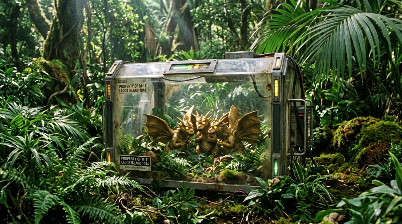 The three Dorats abandoned in a futuristic transparent cage amidst the lush jungle of Lagos Island