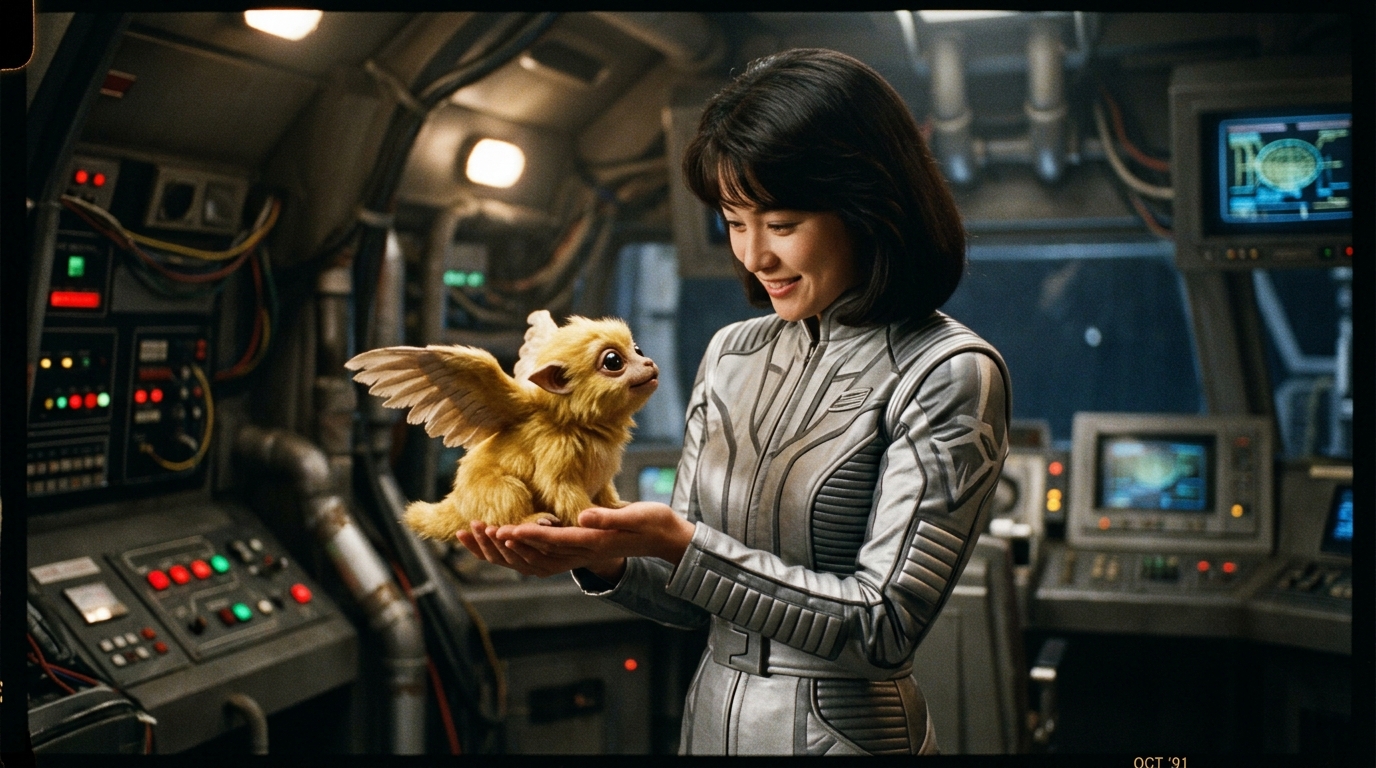 Emmy Kano holding a cute golden Dorat in her hands inside the time machine MOTHER