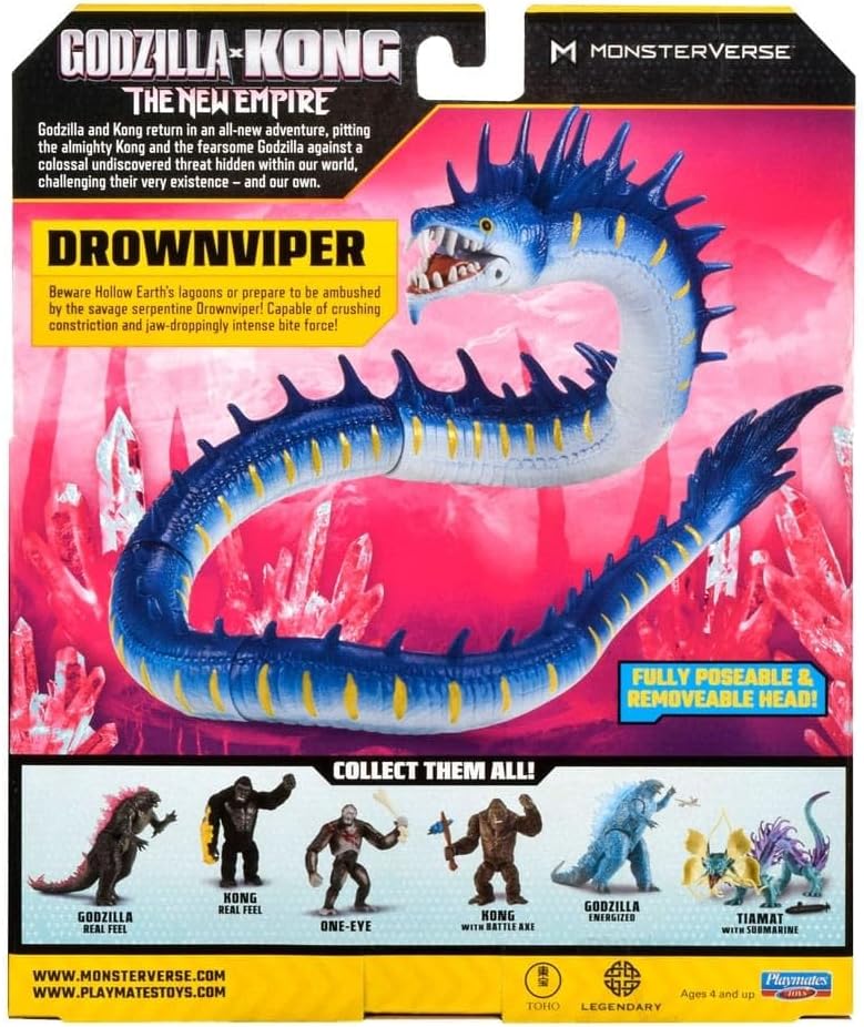 Mặt sau hộp đồ chơi Drownviper mô tả tập tính săn mồi dưới nước của quái xà