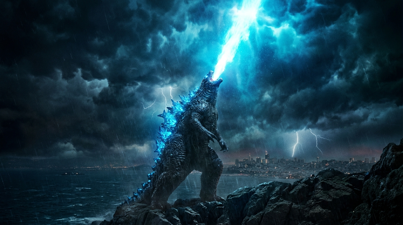 Godzilla phóng tia Hơi thở Nguyên tử (Atomic Breath) xanh lam rực sáng bầu trời đêm