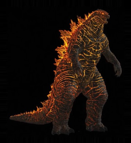 Bản render định danh dạng thức Burning Godzilla rực cháy nham thạch nóng chảy và vảy phát sáng đỏ rực