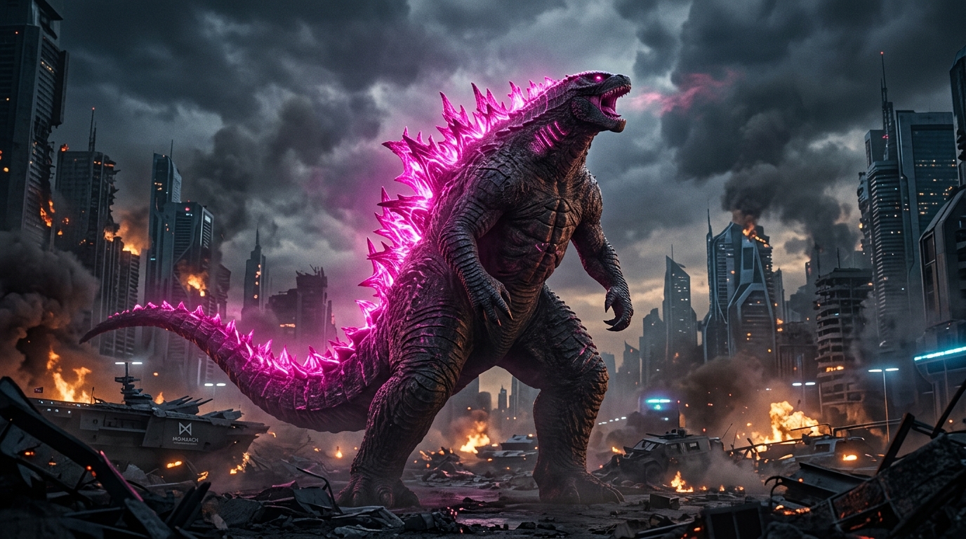 Godzilla Evolved 2024 với gai lưng sắc nhọn màu hồng tím (magenta) và thân hình thon gọn
