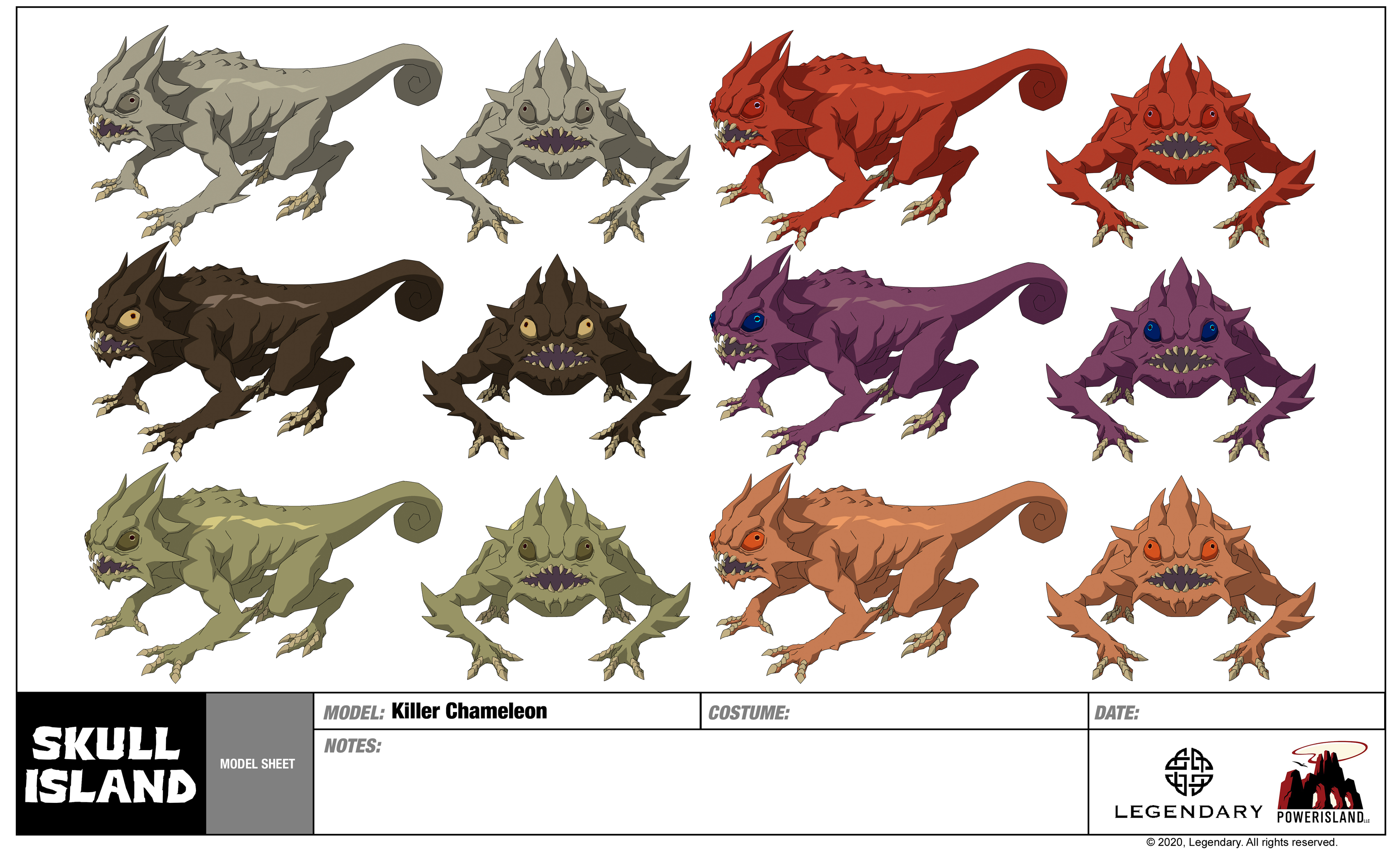 Bản vẽ model sheet 2 mô tả biểu cảm gương mặt và cấu tạo lưỡi săn mồi của Killer Chameleon