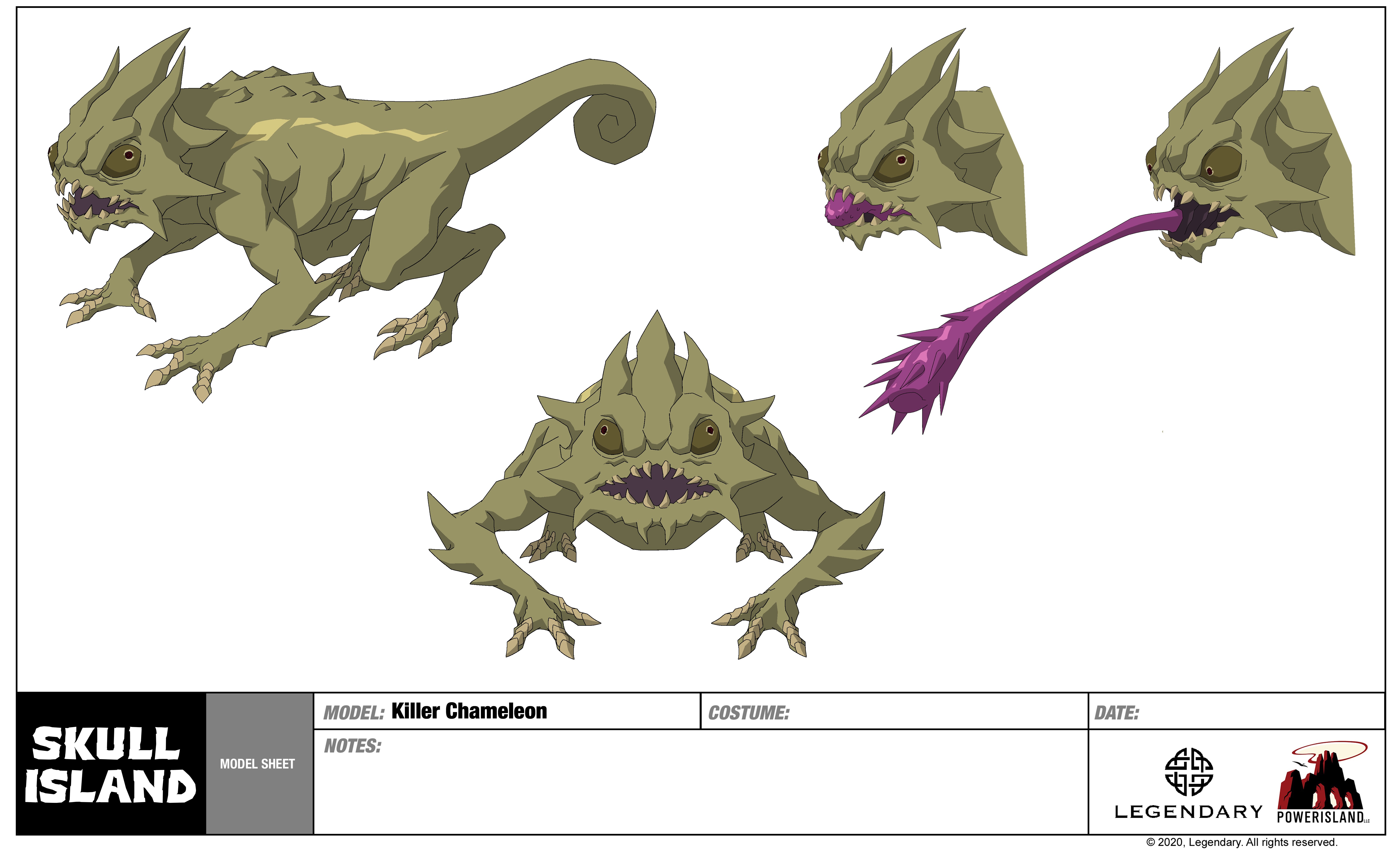 Bản vẽ model sheet thiết kế chính diện và các góc giải phẫu của Killer Chameleon