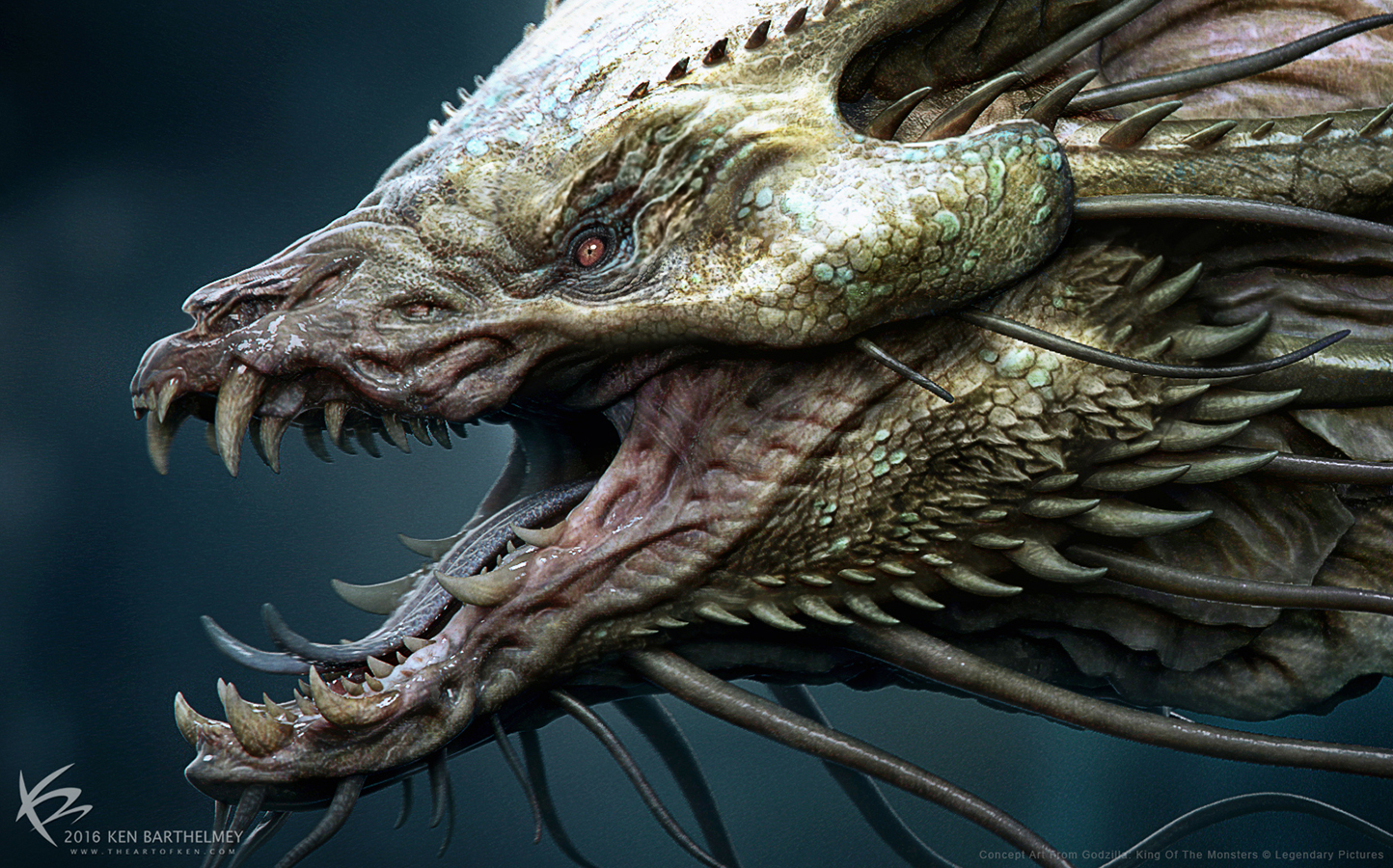 Bản vẽ concept art chi tiết tạo hình ba đầu rồng với cấu trúc sừng, cơ hàm và biểu cảm độc lập