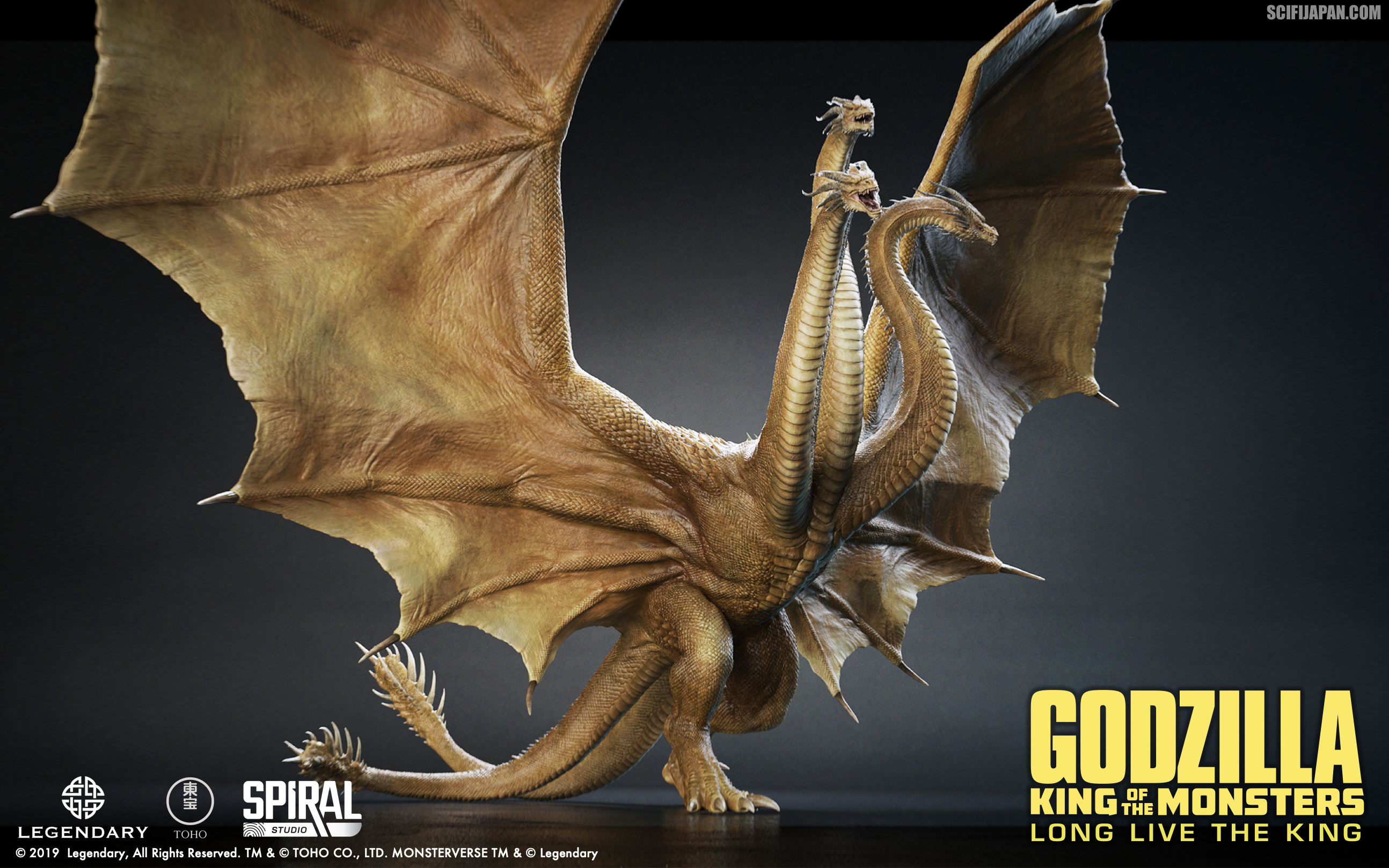 Tượng đúc nghệ thuật tĩnh cao cấp King Ghidorah 2019 với độ chi tiết tinh xảo từng lớp vảy vàng và sải cánh uy nghi