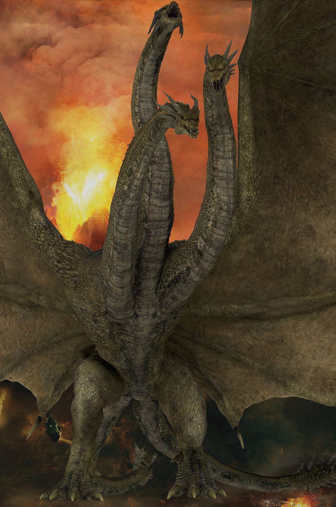 Bản render toàn thân King Ghidorah với sải cánh khổng lồ 518m, thân phủ vảy vàng và cặp đuôi chạc gai nhọn
