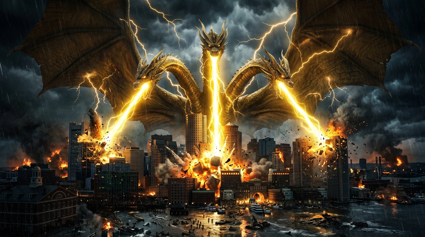 King Ghidorah phóng ba chùm Tia Trọng Lực Gravity Beams san phẳng thành phố Boston