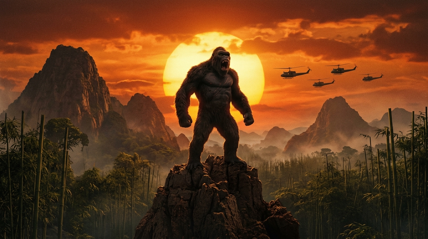 Tạo hình Kong thời niên thiếu (1973) trên Skull Island trước ánh hoàng hôn rực lửa