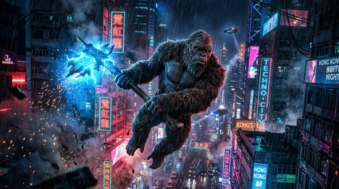 Kong trưởng thành cao 102.7m cầm rìu chiến phát sáng giữa những tòa nhà chọc trời Hong Kong