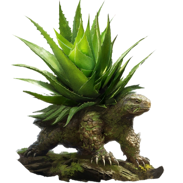 Minh họa cá thể Aloe Turtle (loài phụ Magma Turtle) mang thảm thực vật nha đam trên lưng