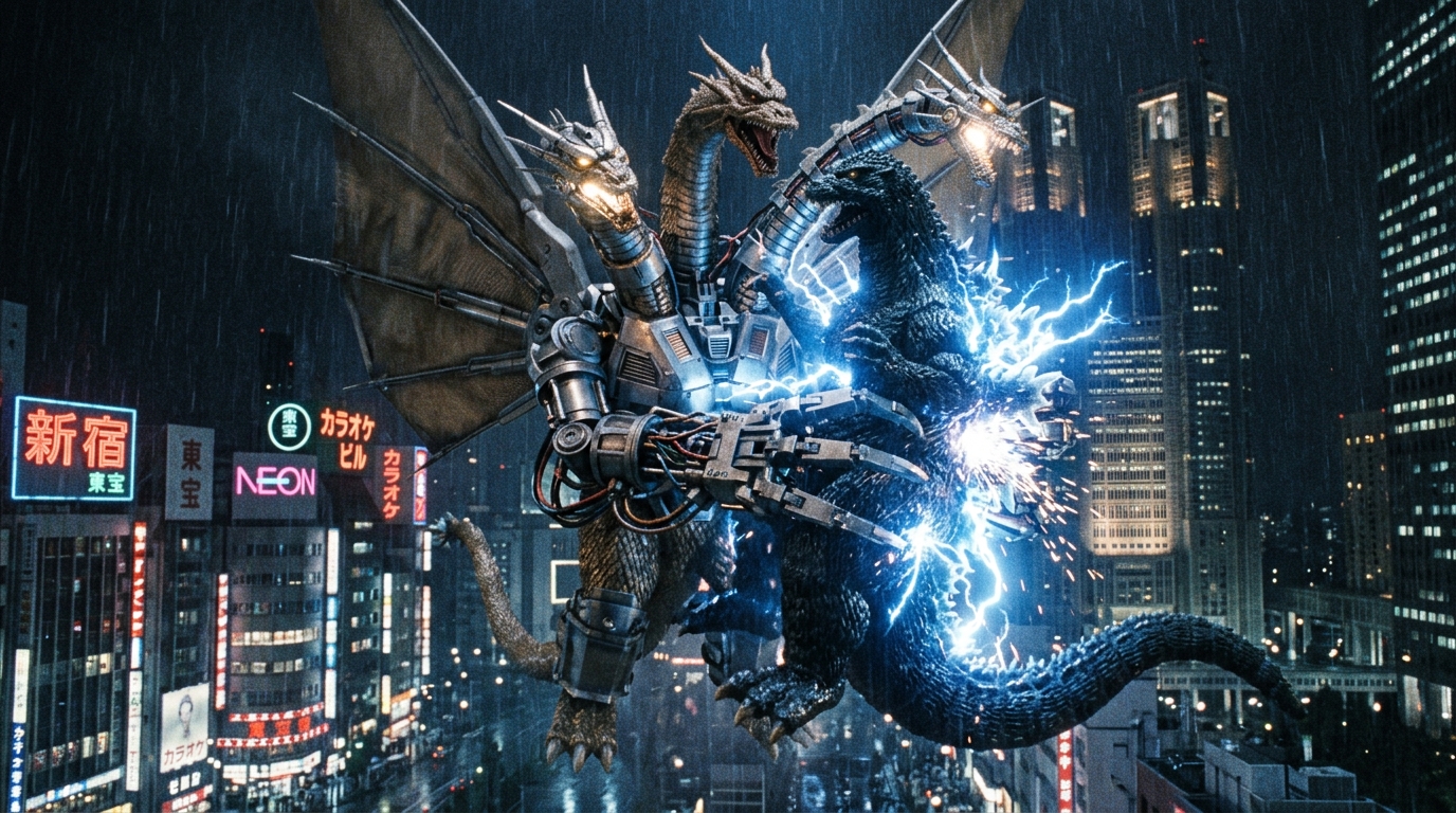 Mecha-King Ghidorah bung vuốt cơ giới khổng lồ tóm chặt Godzilla và phóng điện cao thế giữa bầu trời đêm Shinjuku