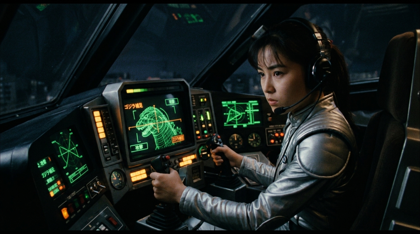 Nữ phi công Emmy Kano trong bộ đồ bay tương lai điều khiển Mecha-King Ghidorah từ buồng lái lồng ngực