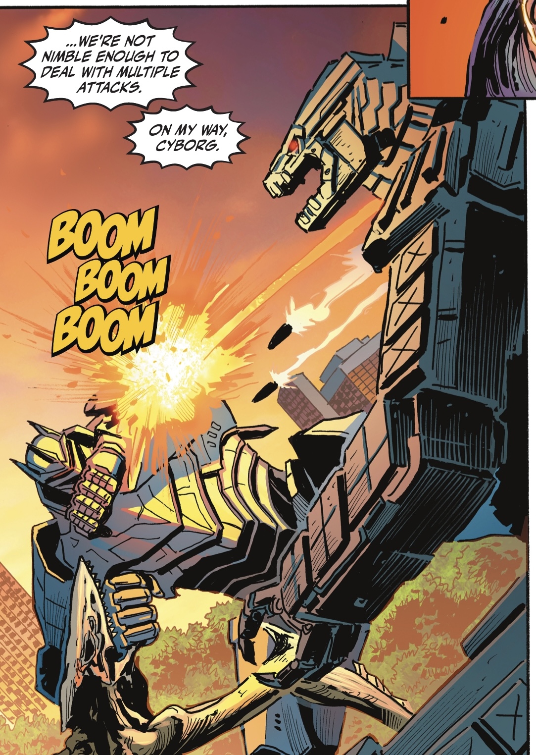 Trang truyện tranh Mechagodzilla phóng hàng loạt tên lửa và đạn pháo trong Justice League vs. Godzilla vs. Kong.