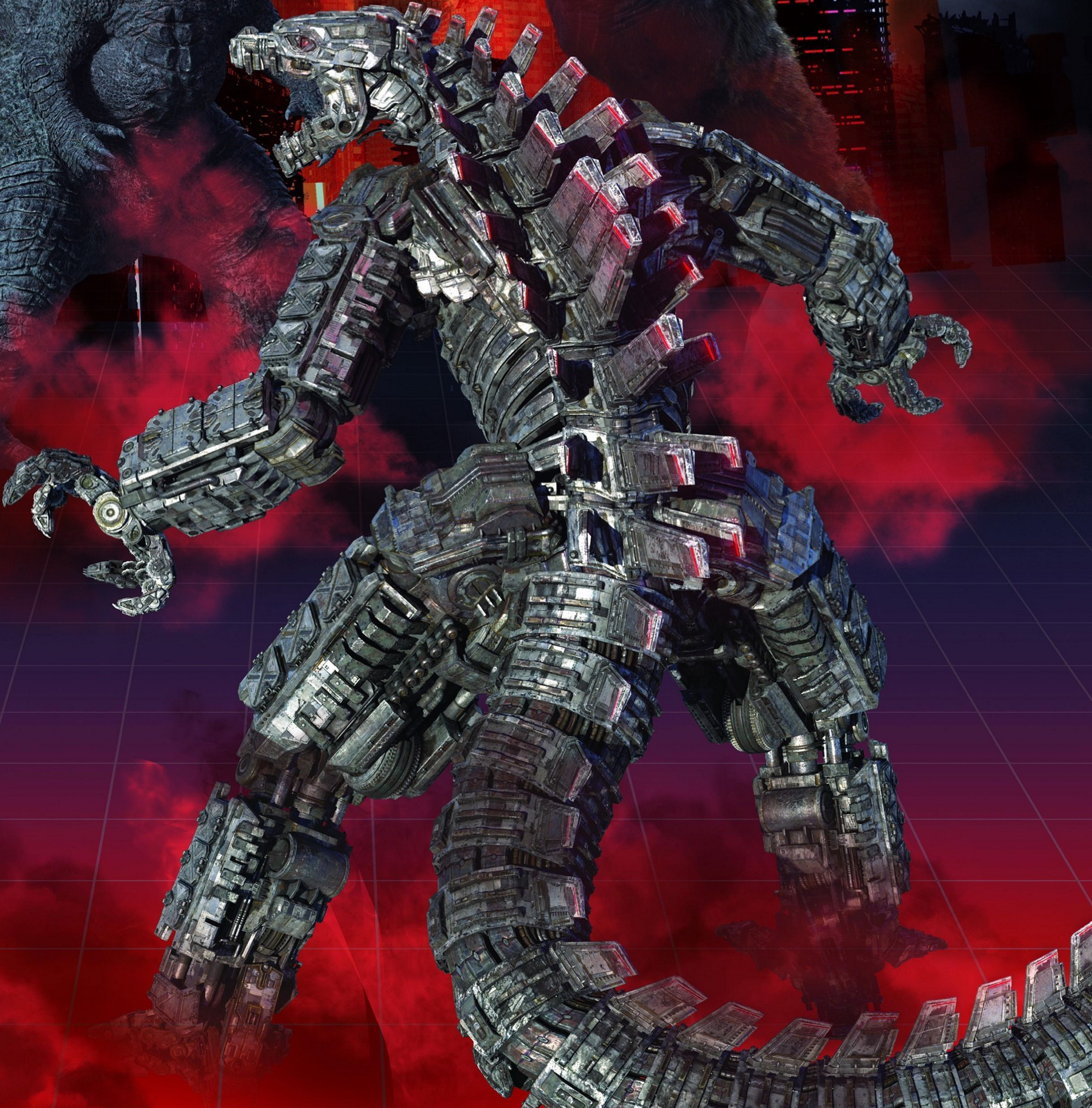 Ảnh chân dung Mechagodzilla phiên bản MonsterVerse với khung thép titan đen xám, mắt đỏ rực và kết cấu cơ khí tinh xảo.