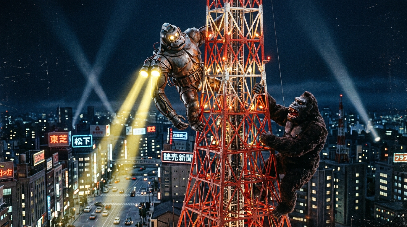 Mechani-Kong bám trên khung dầm tháp Tokyo Tower rọi đèn pha đối đầu King Kong giữa trời đêm