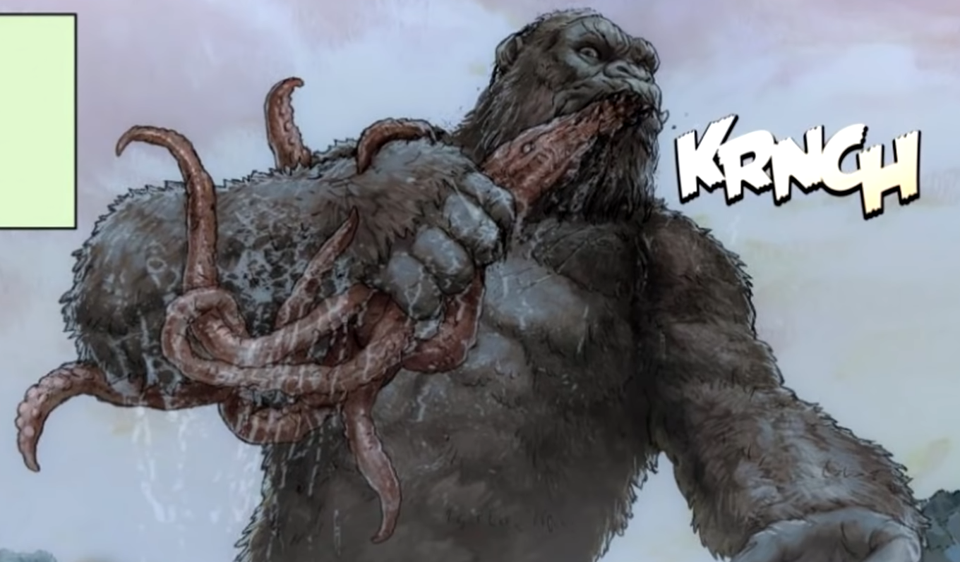 Trang truyện Kingdom Kong miêu tả biến thể Mire Squid trong hệ thống hang ngầm