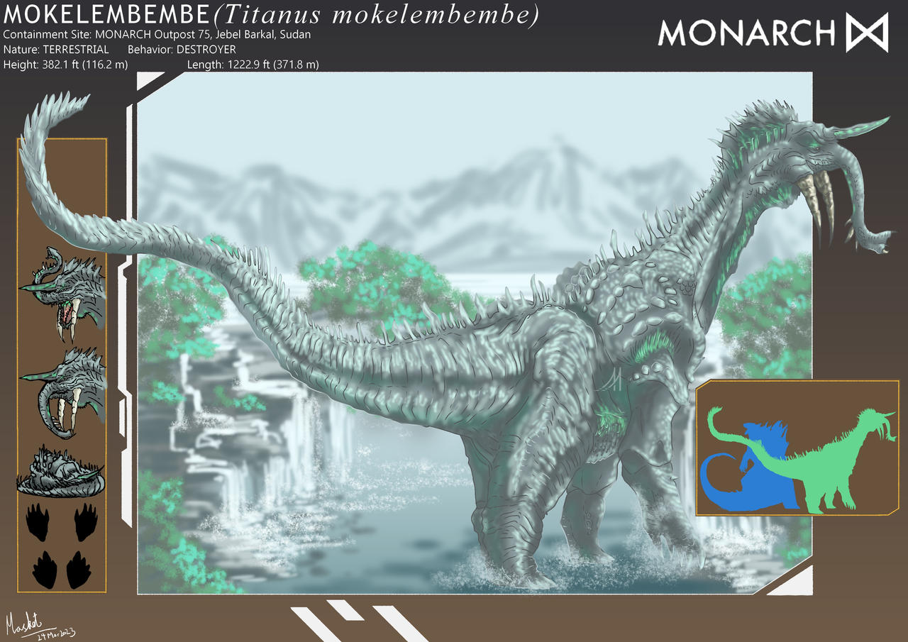 Bảng hồ sơ phân loại Monarch Superspecies Profile của Titanus Mokele-Mbembe với sừng ngọc lục bảo và cấu tạo bốn chân.