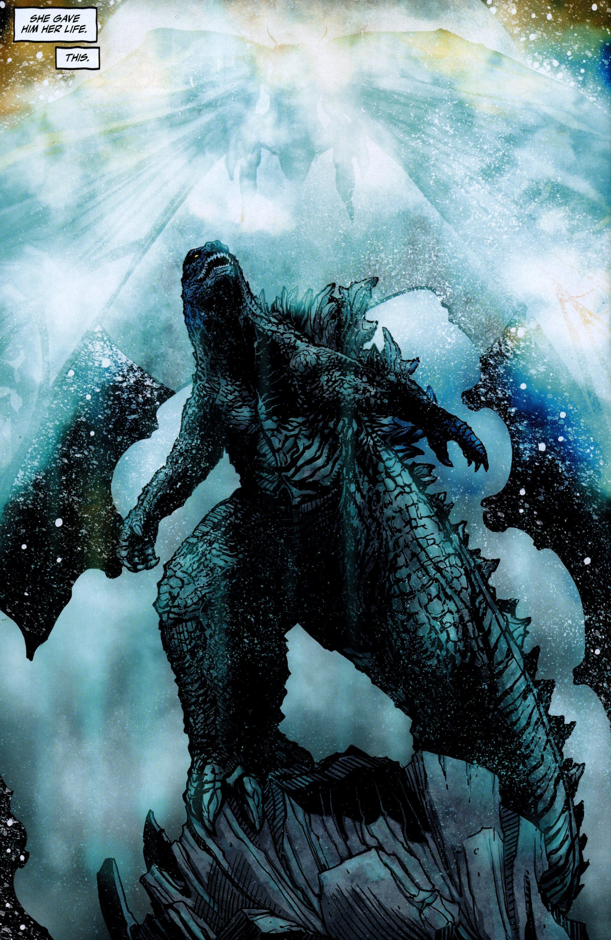 Trang truyện màu sắc nét khắc họa hình bóng Mothra hiện về trong dòng suy tưởng của Godzilla khi mỏi mệt