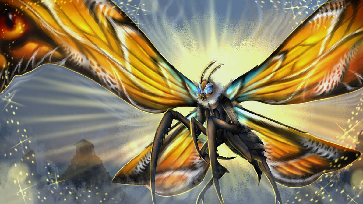 Fanart kỹ thuật số độ phân giải cao của Mothra MonsterVerse với đôi cánh vàng cam mở rộng, mắt xanh phát sáng và ánh sáng thần thánh bao quanh.