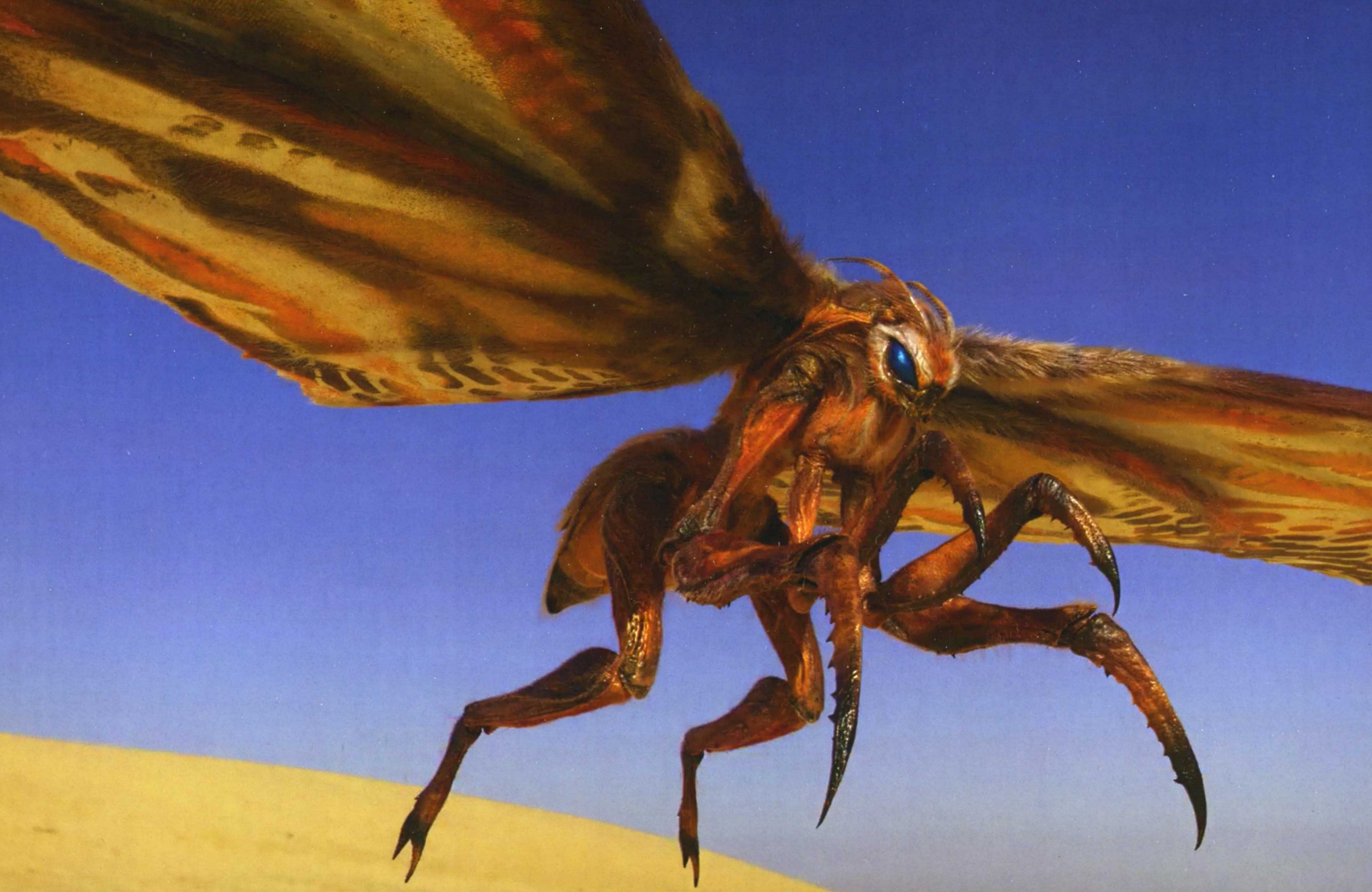 Bản render độ phân giải cao cận cảnh diện mạo tôn quý của Mothra với bộ lông tơ mạ vàng và đôi cánh thần thánh
