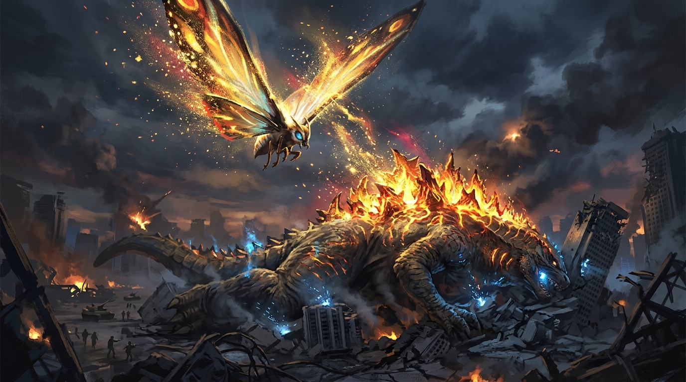 Sự hy sinh huyền thoại của Mothra: truyền năng lượng phát quang để đánh thức Burning Godzilla