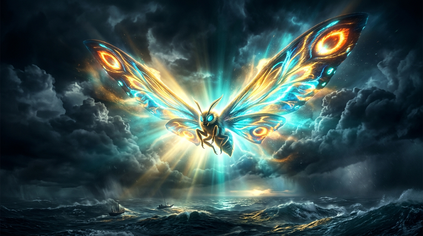 Mothra dang rộng sải cánh 244.8m phóng Thần Quang (God Rays) xua tan mây bão