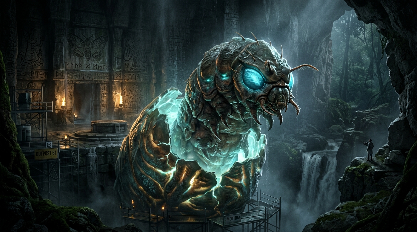 Mothra dạng Ấu trùng (Larva) nở từ trứng tại Đền Ngài Outpost 61, Vân Nam