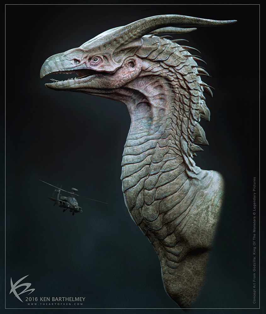 Bản vẽ concept art chi tiết giải phẫu học, kết cấu sọ chim ăn thịt và giáp ngực của Rodan.