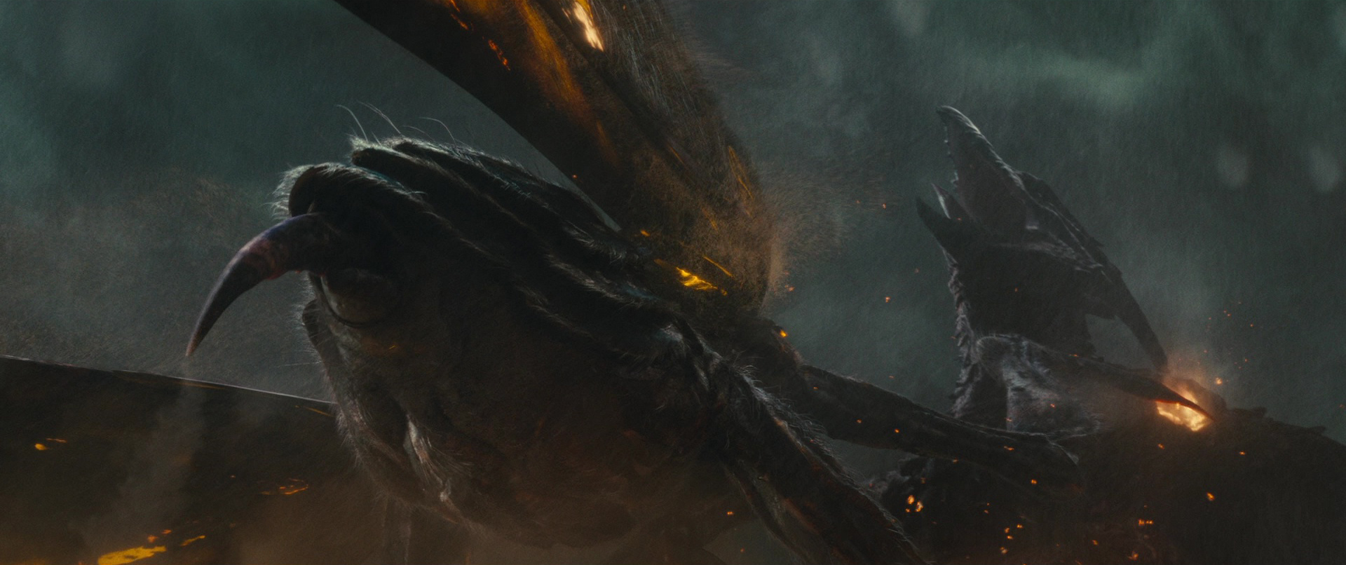 Mothra phóng ngòi độc từ bụng cắm sâu vào vai Rodan hạ gục Ác điểu tại chiến trường Boston.