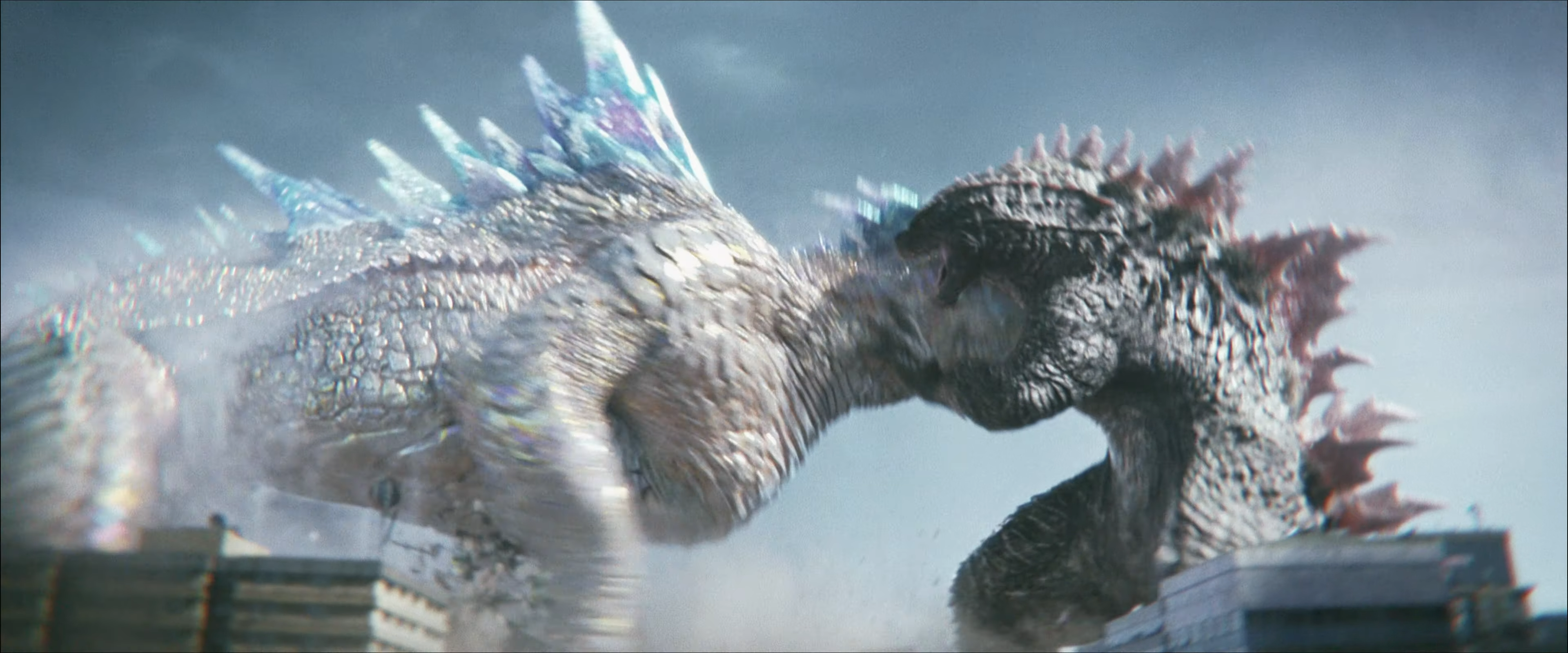 Godzilla dạng tiến hóa Evolved phóng Atomic Breath đối kháng trực diện luồng hơi thở băng của Shimo.
