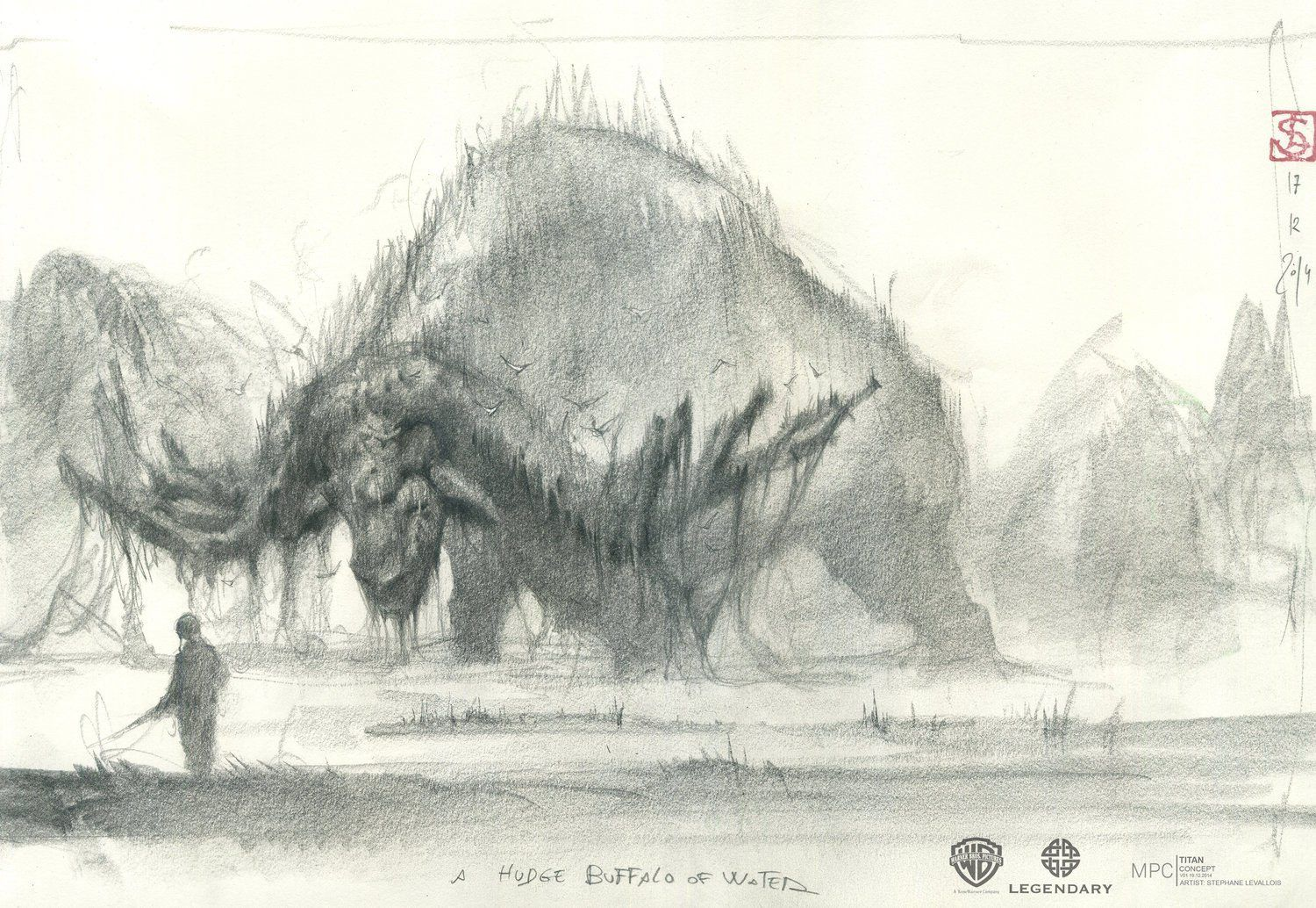Bản vẽ concept art chi tiết thiết kế lưng mọc rêu phong và cặp sừng đá của Sker Buffalo