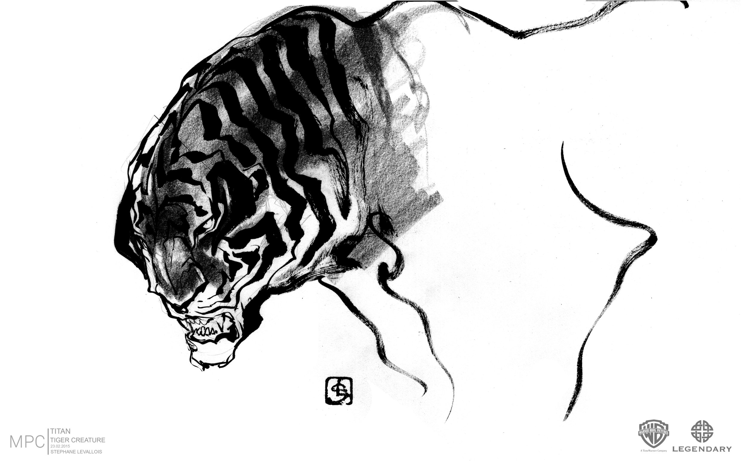 Bản vẽ mỹ thuật ý niệm Kong chạm trán Spirit Tiger trong rừng thẳm Đảo Đầu Lâu