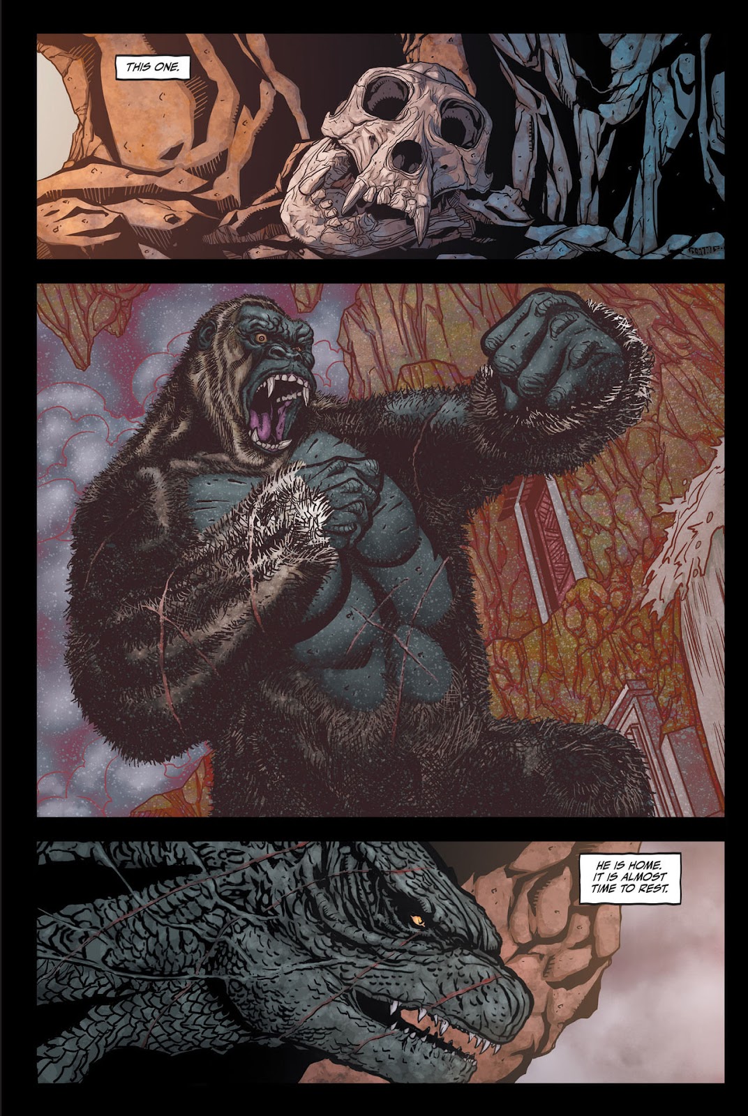 Godzilla đứng trầm ngâm suy tư bên cạnh hộp sọ cổ xưa của The Rival.