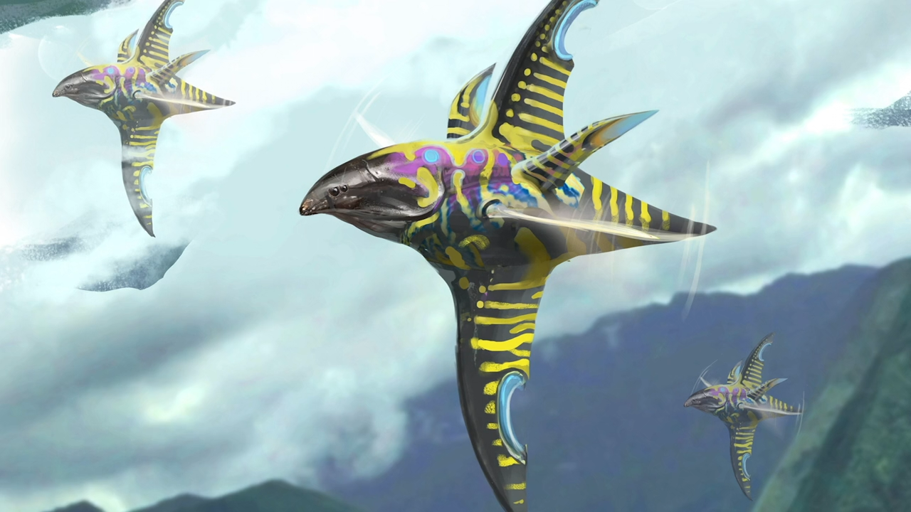 Bản vẽ concept art bầy đàn Vertacine sải cánh giữa không gian Trái Đất Rỗng